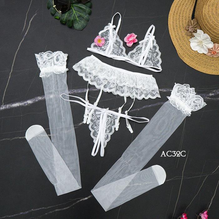 Stocking Sexy + Bra Set CD G String + Garter Belt Lace Semi Transparan