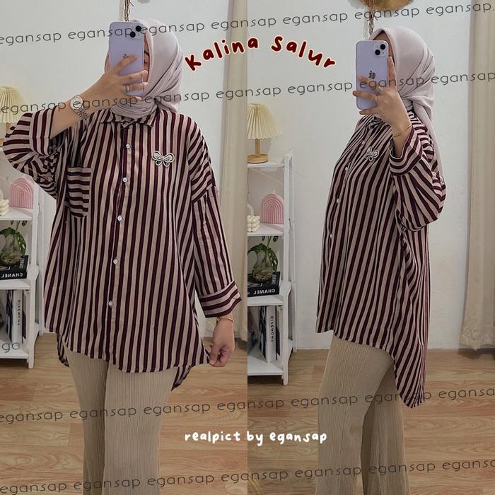 [Ready] Kalina Salur Oversize | Kemeja Stripe Rayon Shirt