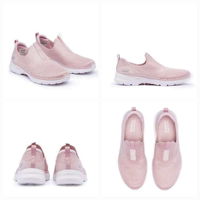 (Terlaris) 100% Original Skechers Go Walk 6 Glimmering Pink, Natural Dan Grey Women'S Walking Shoes