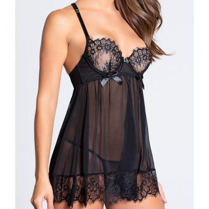 Tk Baru L1184 Baju Tidur Haram Sexy Sleepwear Midi Dress Hitam Bra