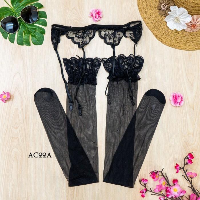 Stocking Lingerie Set Garter Belt Sexy Semi Transparan Hitam AC22A
