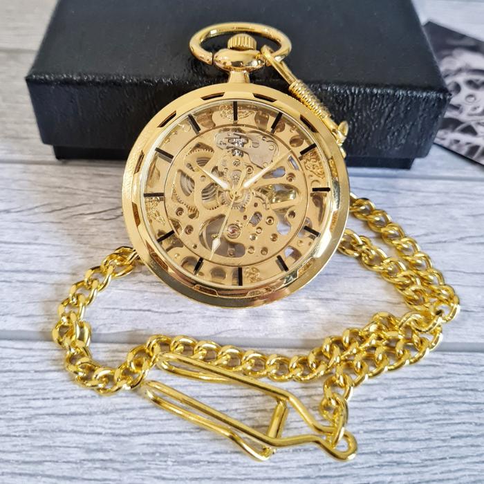 POCKET WATCh Jam Kantong Saku Automatic Otomatis Mechanical Mekanik Skeleton Tanpa Baterai Manual Wi