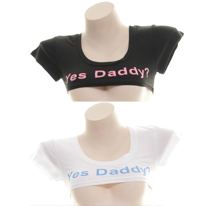 Yes Daddy Cosplay Costume Sexy Letter Print Short Sleeve Short Top Sleeve Crop Running T Shirt Black