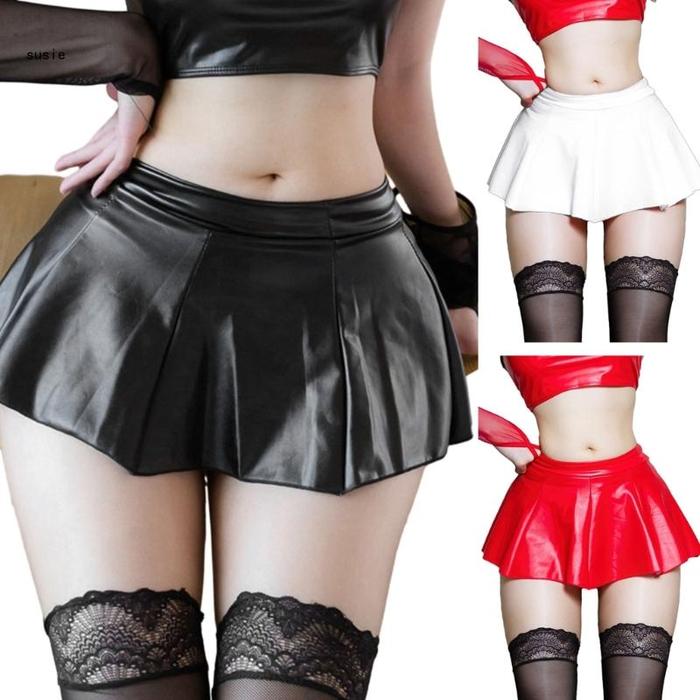 X7YA Womens Solid Color Novelty Pleated Mini Skirt 20cm PU Faux Leather A-Line Short Skirt Club Sexy