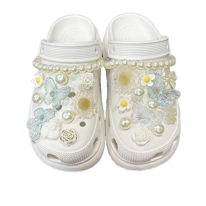 Jibbitz Set Crocs Model Pita Rantai Diamond Permata Bunga Putih Aksesoris Pin Diy Sandal Baim