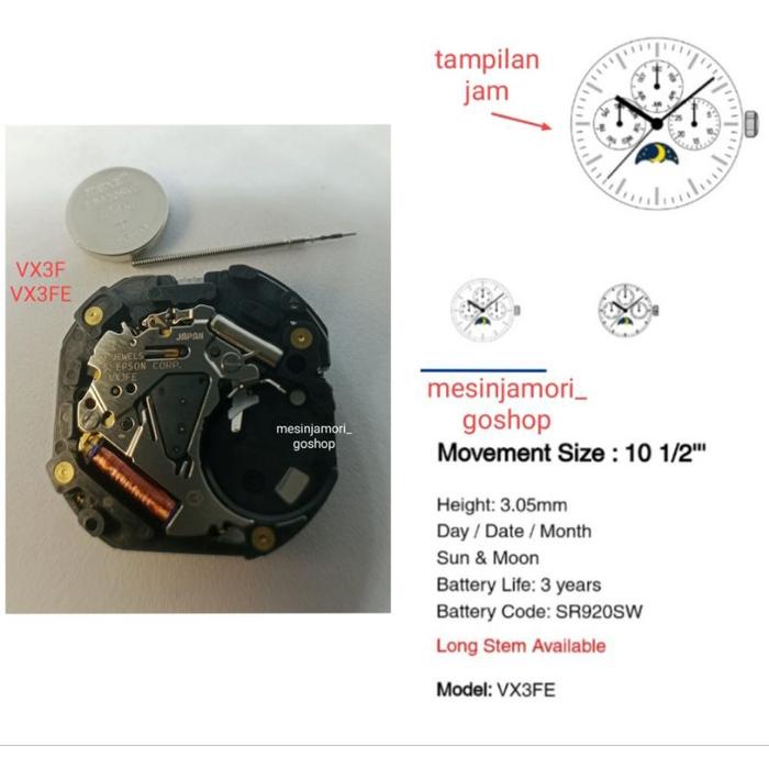 mesin jam VX3F VX3FE VX3H VX3HE sun moon matahari bulan original