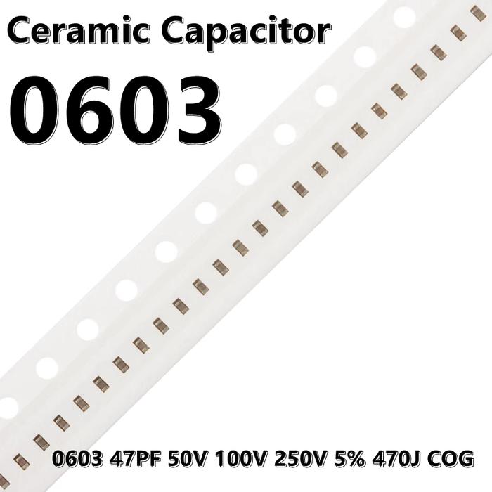 (100pcs) 0603 47PF 50V 100V 250V 5% 470J COG 1608 SMD Ceramic Capacitors