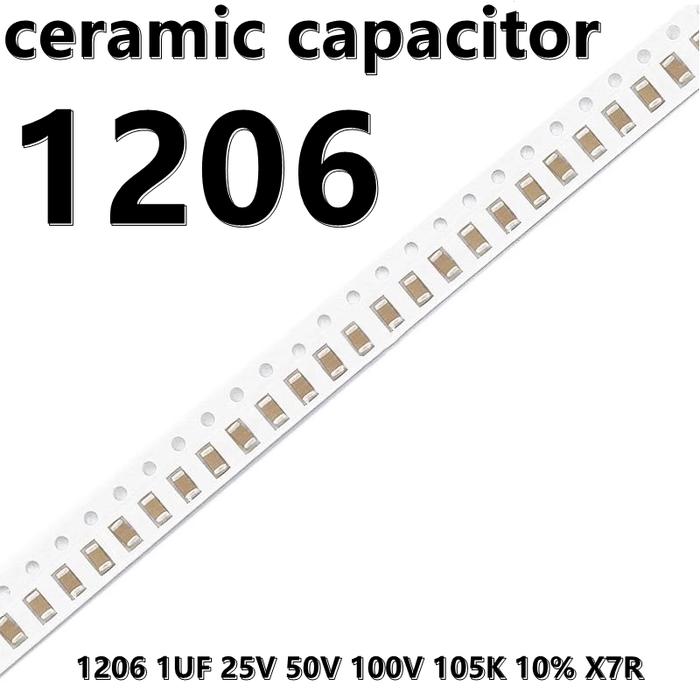 (50pcs) 1206 1UF 25V 50V 100V 105K 10% X7R 3216 SMD Ceramic Capacitors