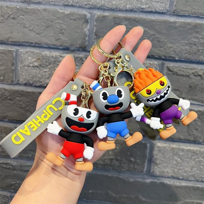GANTUNGAN KUNCI Anime Game Cuphead Keychain Cartoon Mugman Figure Pvc Doll Car Keyring Fashion Backp