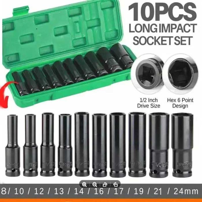 YURA AIWA Mata Kunci Shock Panjang Socket Wrench Hex 1/2 Inch 8-24mm 10 PCS - AW1
