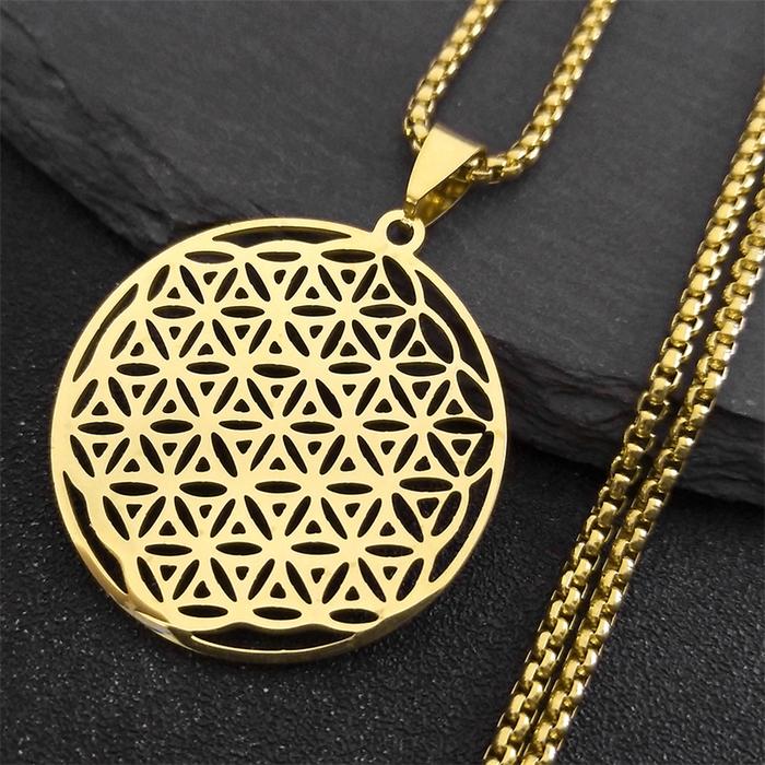 NEW Flower of Life Stainless Steel Long Necklace for Women Men Gold Color Mandala Metatron Necklaces