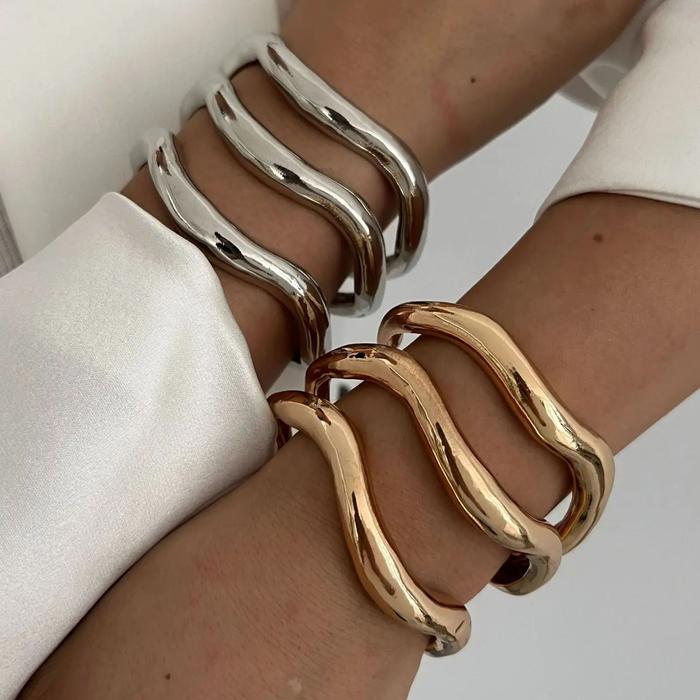 NEW DIEZI 2pcs/set Vintage Cuff Bangles Hip Hop Punk Gold Silver Color Geometric Metal Bangles For W