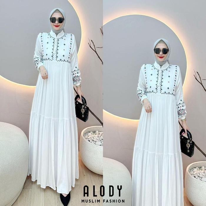 Alody Maxy Dress Gamis Katun Twill Apk Bordir Fashion Wanita Muslim Oufit Lebaran Kekinian