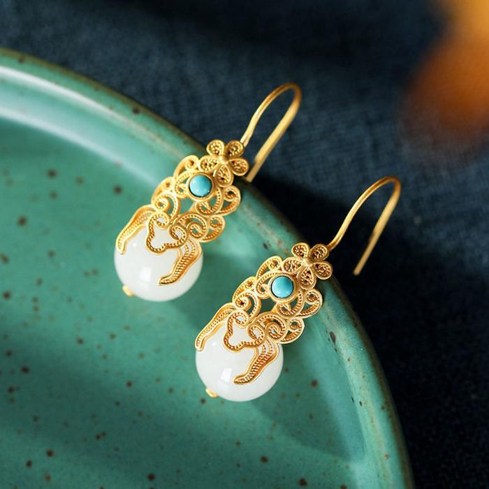 NEW Natural Hetian Jade White Jade round Beads Ear Hook S925 Sterling Silver Ethnic Style Chinese An