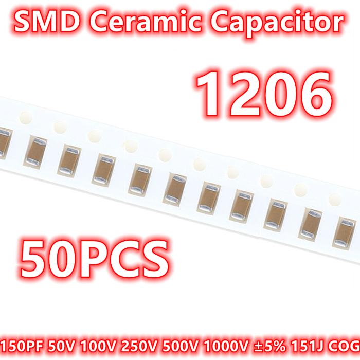 (50pcs) Original 1206 150PF 50V 100V 250V 500V 1000V ±5% 151J COG SMD Ceramic Capacitor IC