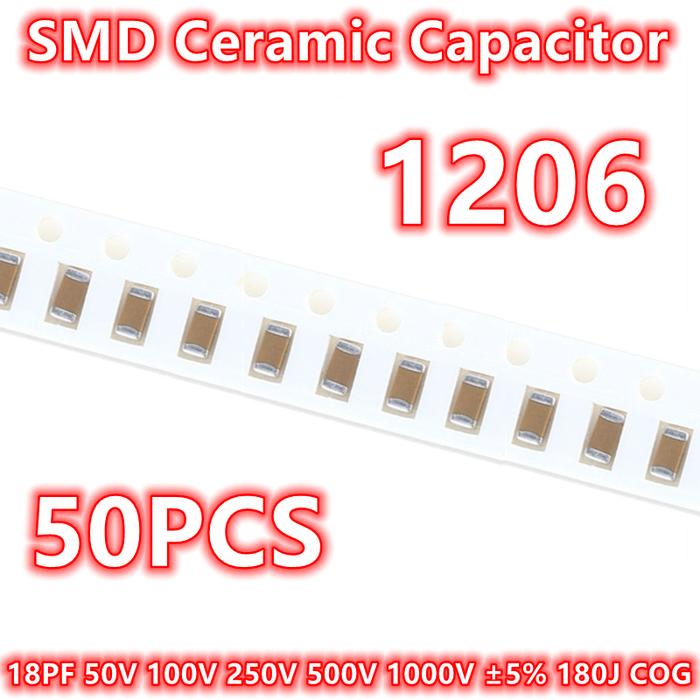 (50pcs) Original 1206 18PF 50V 100V 250V 500V 1000V ±5% 180J COG SMD Ceramic Capacitor IC