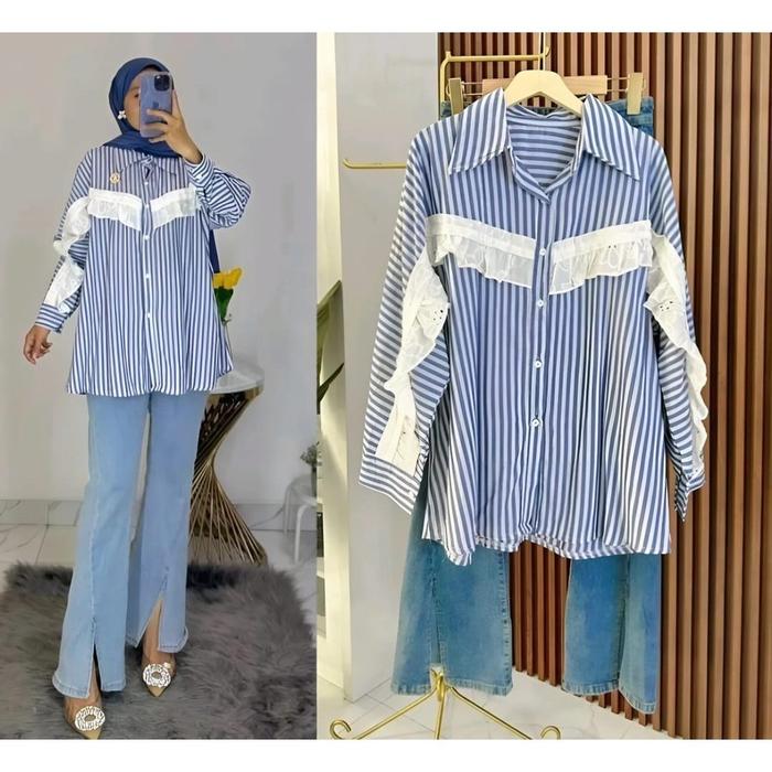 Viki Top BajuAtasan Kemeja Katun Salur Basic Premium Fashion Wanita Dewasa Korean Style Kekinian