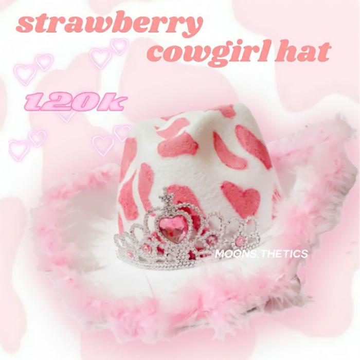 strawberry cowgirl hat y2k, aesthetic cowboy hat, y2k cowboy hat, topi koboy/koboi