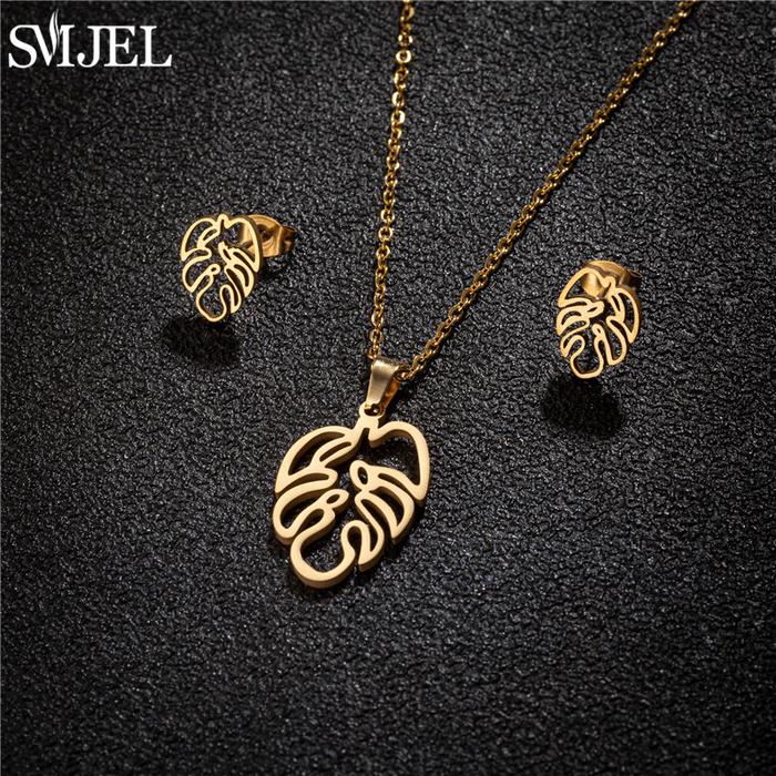 NEW 2024 Bohemia Monstera Leaf Necklace Earrings Stainless Steel Lotus Mandala Snowflake Charms Gold