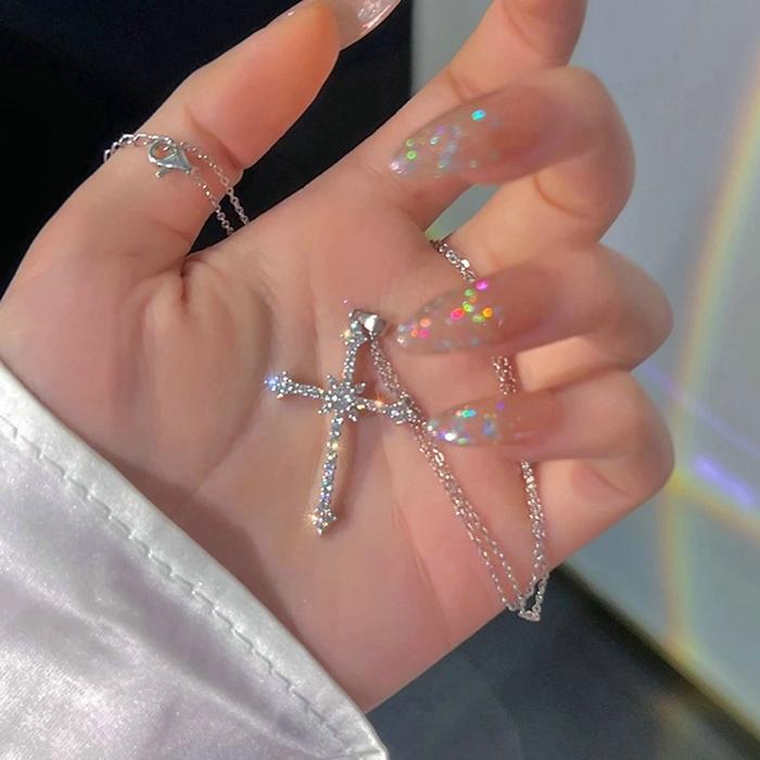 Terpopuler Fashion Exquisite Zircon Cross Pendant Necklace Women Girls Heart Cross Bow-Knot Butterfl