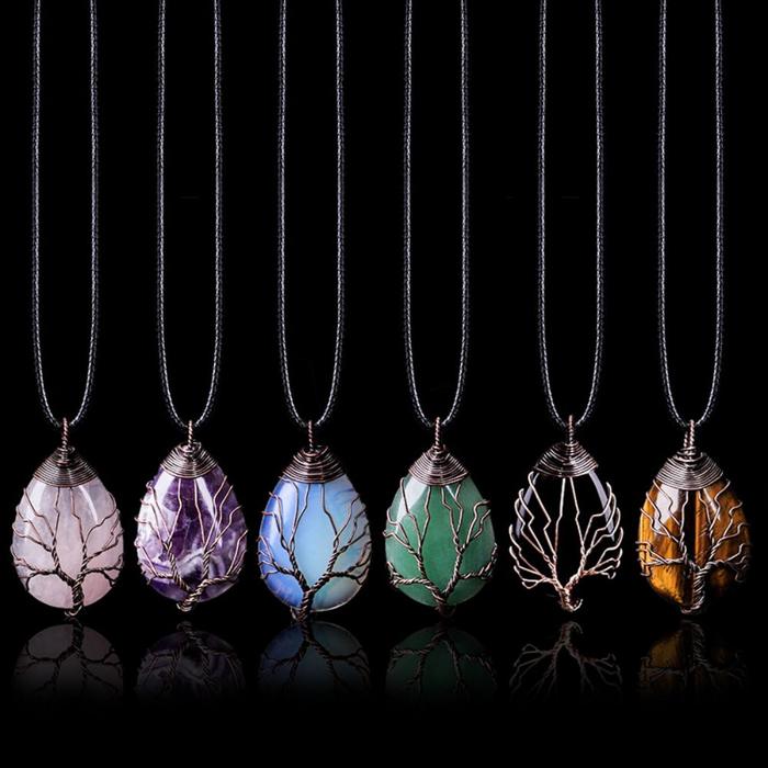 LIONTIN ELEGANT Natural Stone Crystal Drop-Shaped Wire Wound Lucky Tree Pendant Necklace Women Roman