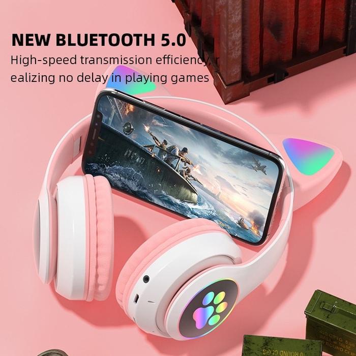 Headphone Gaming Kucing Lucu LED Light Ada Mic Foldable HiFi Stereo Headset Bluetooth