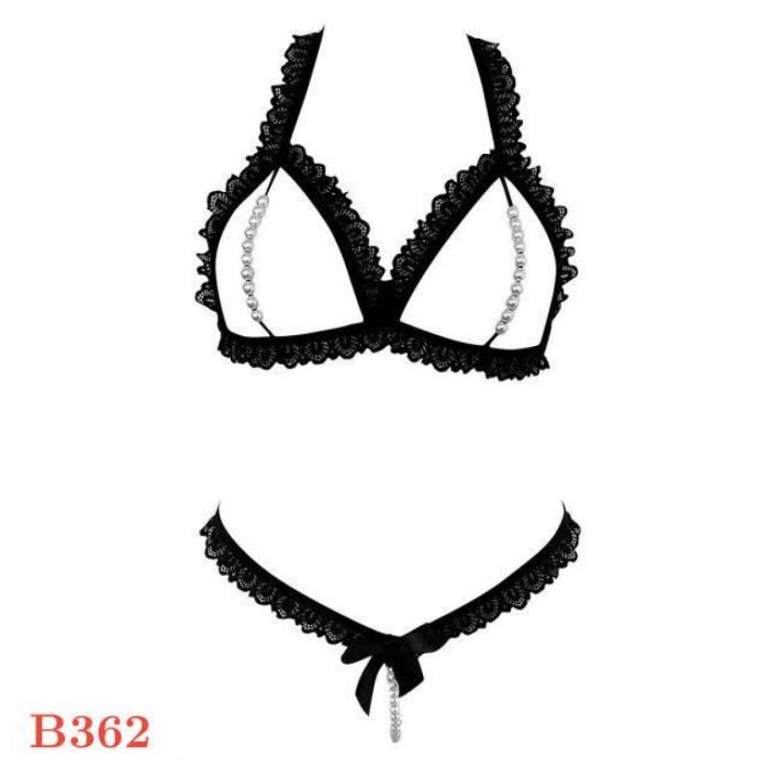 B362 Bra Set Sexy Bikini Bralette BH Halter Open Cup Celana Dalam Mutiara Hitam Hot