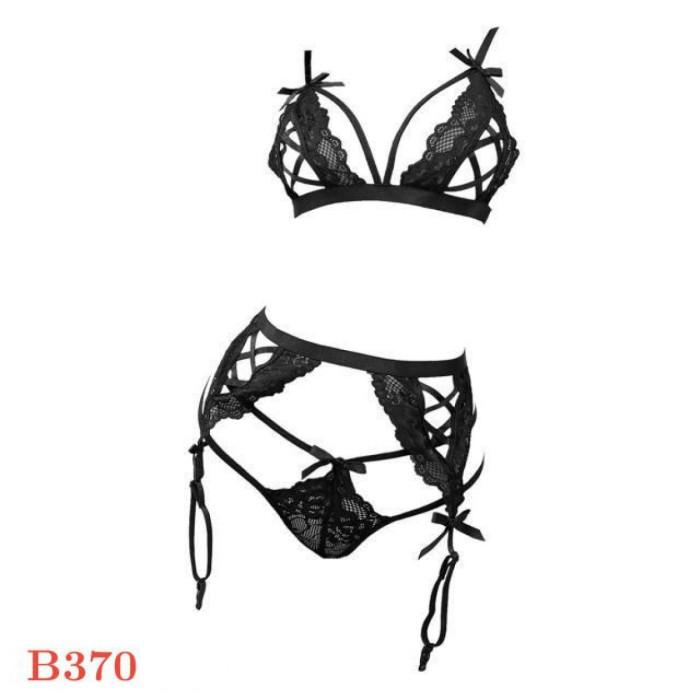 B370 Bra Set Sexy Bikini Bralette BH Open Cup Celana Dalam Garter Stocking Hitam Hot