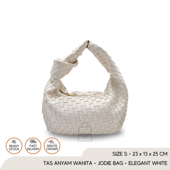 Tas Tenteng Anyam Wanita BV Mini Jodie Woven Bag Elegant White Size Small Kecil Jody Putih Broken Jo