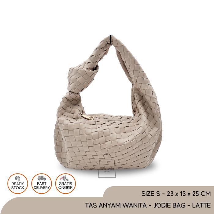 Tas Tenteng Anyam Wanita BV Mini Jodie Woven Bag Latte Size Small Kecil Jody Coklat Muda Cream Jodi 