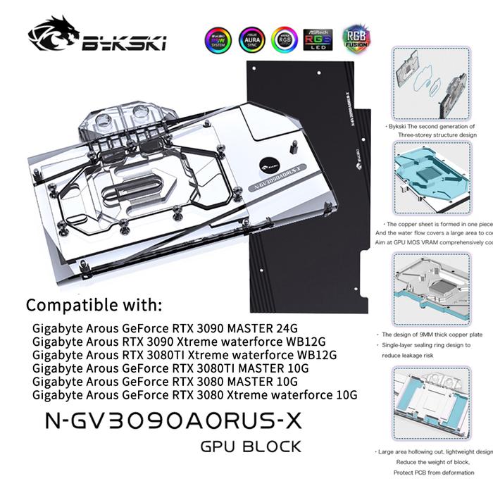 Bykski GPU Block For Gigabyte GeForce RTX 3090/3080 AORUS , Video Card Water Cooling / Full Cover Ra