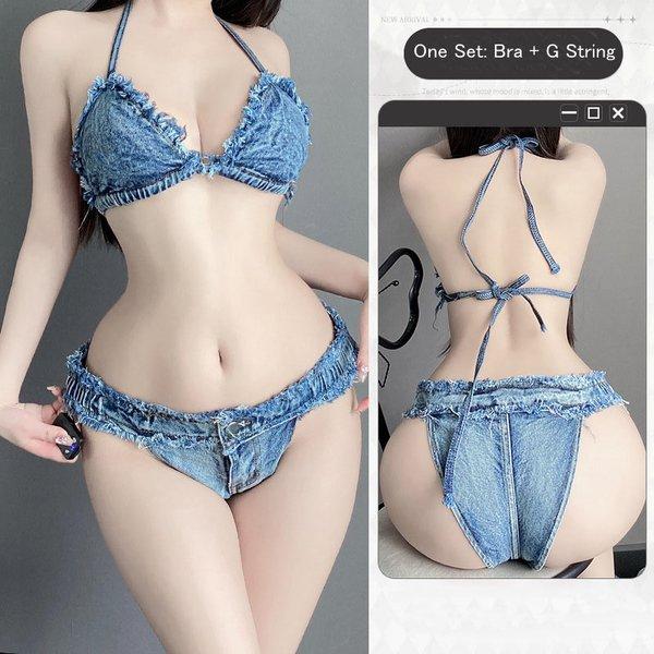 Lingerie Denim Set Bikini Denim Leher V Sexy Tali Samping bar G String