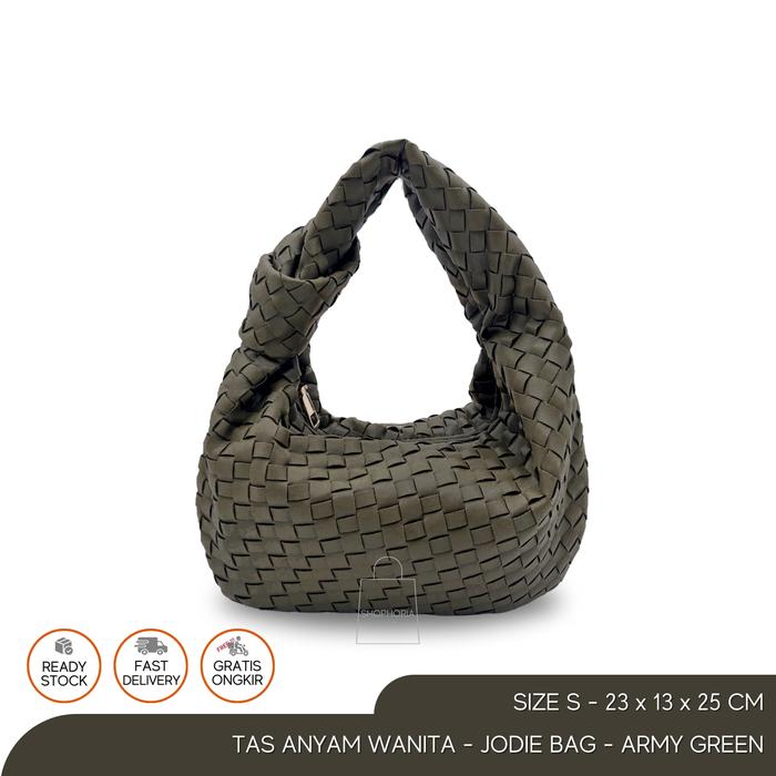 Tas Tenteng Anyam Wanita BV Mini Jodie Woven Bag Army Green Size Small Kecil Jody Hijau Tua Jodi Top