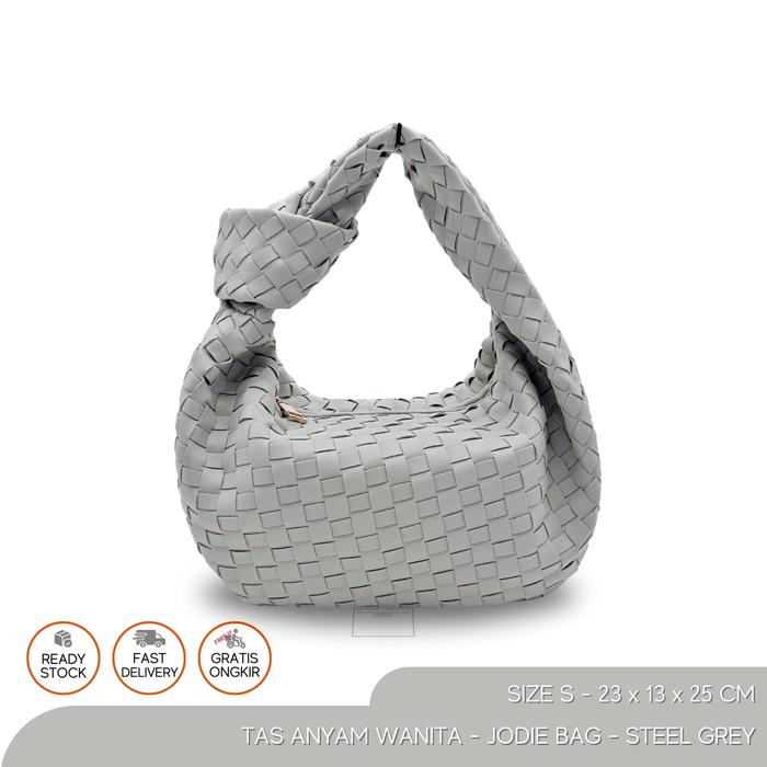 Tas Tenteng Anyam Wanita BV Mini Jodie Woven Bag Steel Grey Size Small Kecil Jody Abu Jodi Top Handl