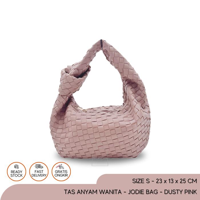 Tas Tenteng Anyam Wanita BV Mini Jodie Woven Bag Dusty Pink Size Small Kecil Jody Merah Muda Pucat J