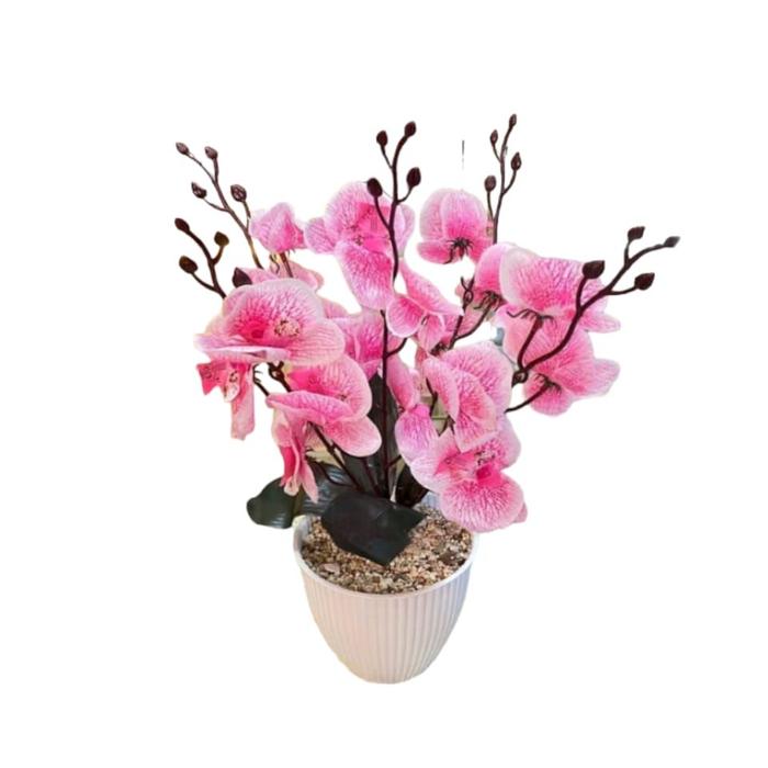 BUNGA ANGGREK ARTIFICIAL5 TANGKAI POT PLASTIK TINGGI 50CM // BUNGA DEKORASI RUMAH