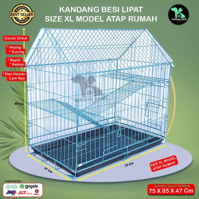 Kandang Kucing 2 Tingkat Model Atap Rumah Besi Tebal Lipat Size XL