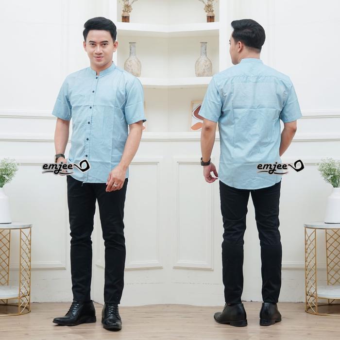 Jual, Baju Koko Songket Sultan Lengan Pendek Dewasa Warna Biru Muda Emjee