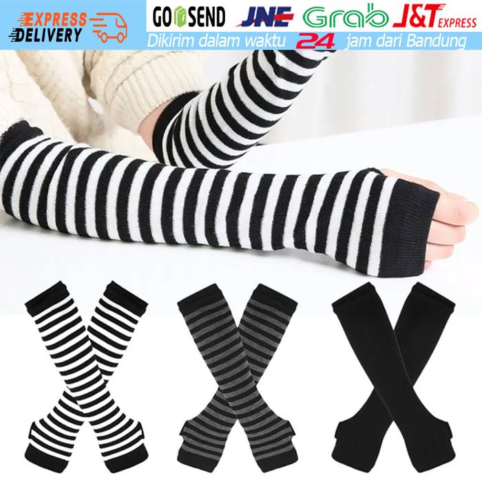 Manset Tangan Jempol Stripe Kawaii Jepang Sarung Lengan Rajut Wanita Winter Fingerless Arm Warmer