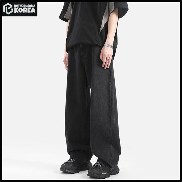 Jeans untuk Pria Celana Kaki Lebar Tirai Lurus Longgar Jalan Raya Amerika Celana Hitam Serbaguna Kas