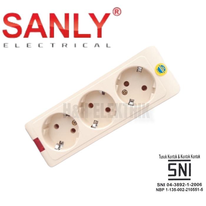 SANLY - Stop Kontak 3 Lubang di lengkapi Lampu indikator Terminal Kuningan SNI