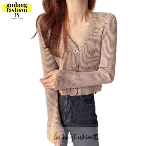 GudangFashion18 - Cardigan Rajut Ribb Outer Crop Top Baju Lengan Panjang Button Kancing Motif Plain 