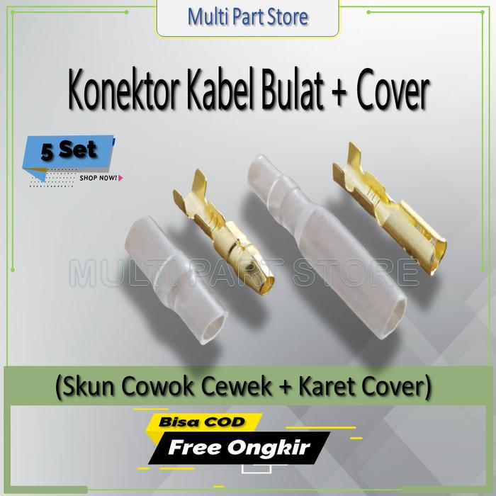 Skun Soket Konektor Kabel Bulat Cowok Cewek + Karet Cover 5 Pasang Sekun Socket Penyambung Kabel Mal