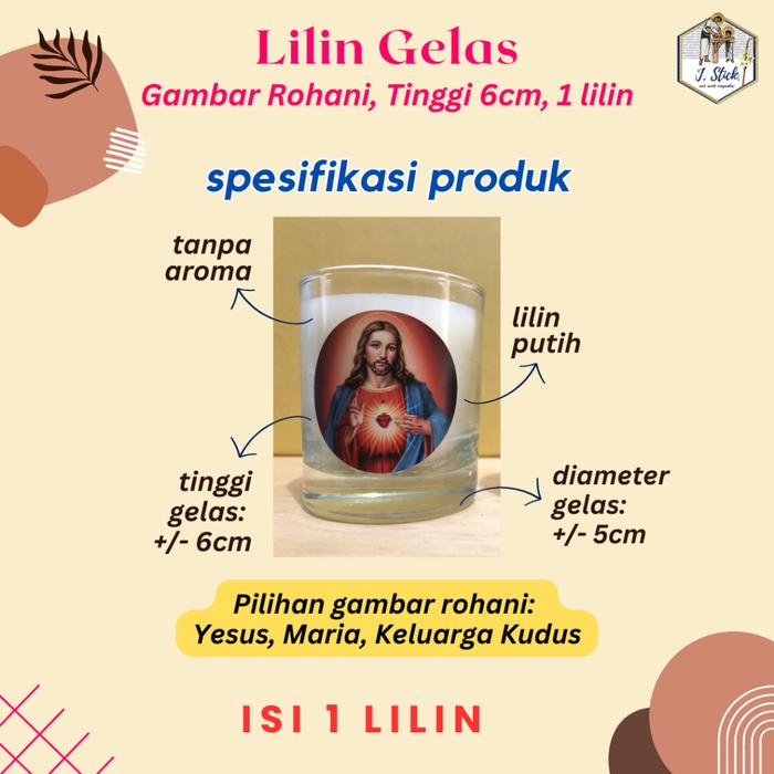 LILIN GELAS, garmbar Rohani, tinggi 6cm, 1 buah lilin