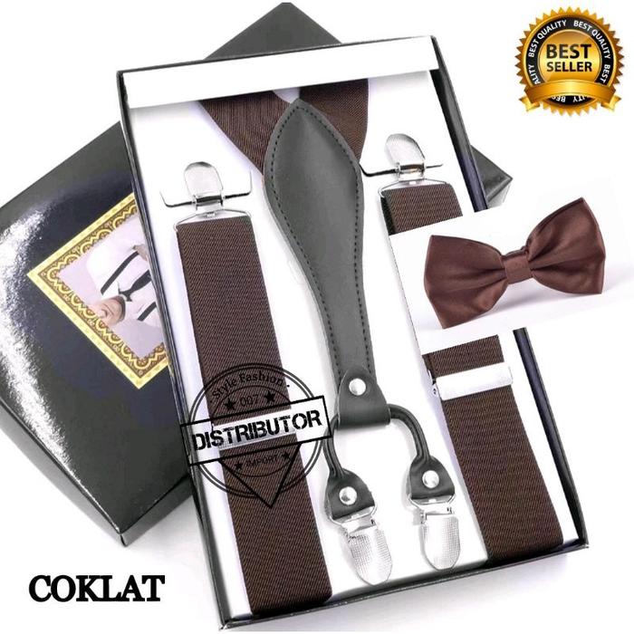 Suspender jepit 4 plus Dasi kupu set import berkualitas warna cream