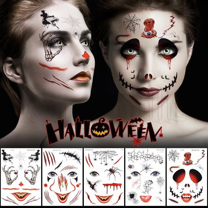 Stiker tato halloween horor full scary face body tatto prank pesta cosplay sticker makeup seram dara