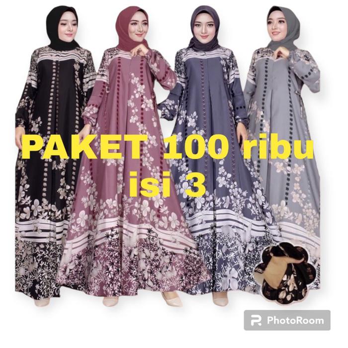 NEW PAKET 100 ribu isi 3 gamis selena premium lengan kerut