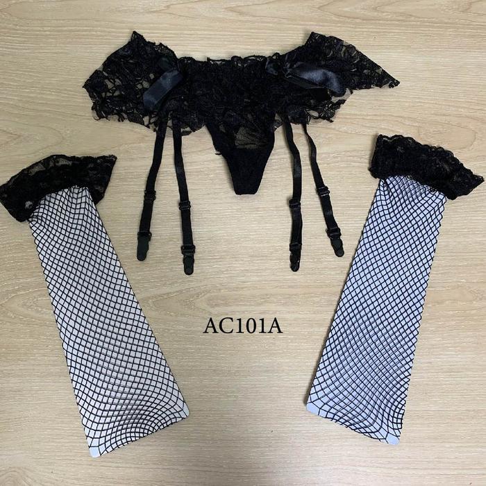 Lingerie Hitam Set Belt Stocking Garter Wanita Premium AC101A