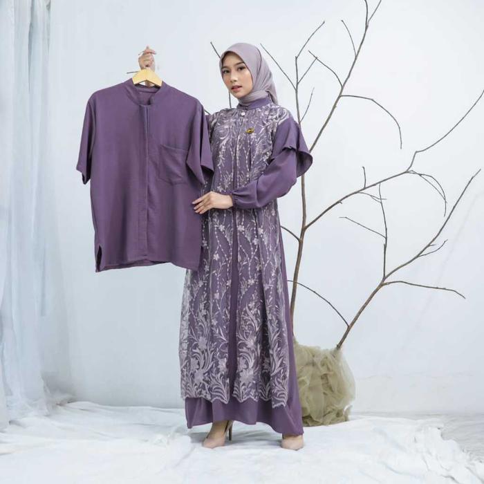 Set couple gamis kemeja brukat kondangan pesta lebaran bordir dan koko non hijab crincle jumbo