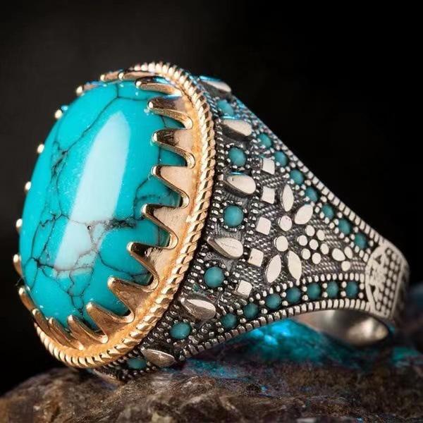 Cincin pirus alami Retro Thai cincin perak Pria dan wanita perhiasan retro batu akik aki k stone bir